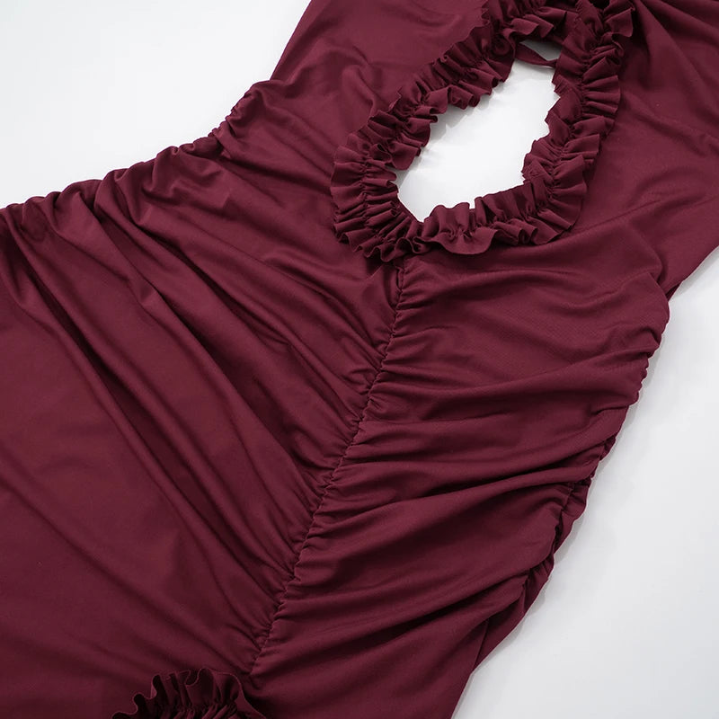Color Patchwork Skeleton Hanging Neck Halter Shrink Pleated Lace High Slit Dress