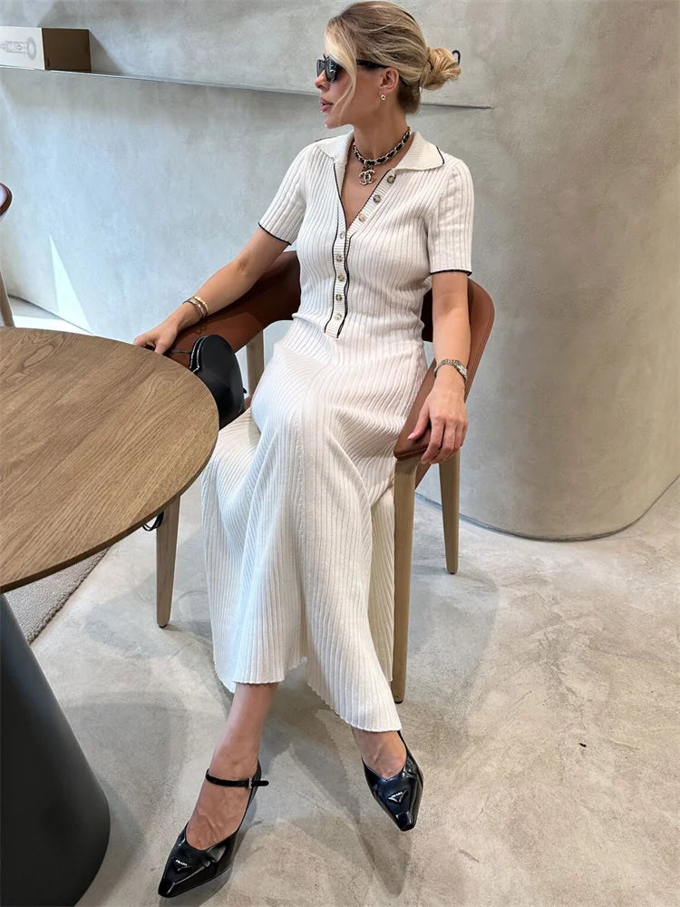 White Knit Maxi Dress Short Sleeve Patchwork Dress Lapel High Waist Knit Dress