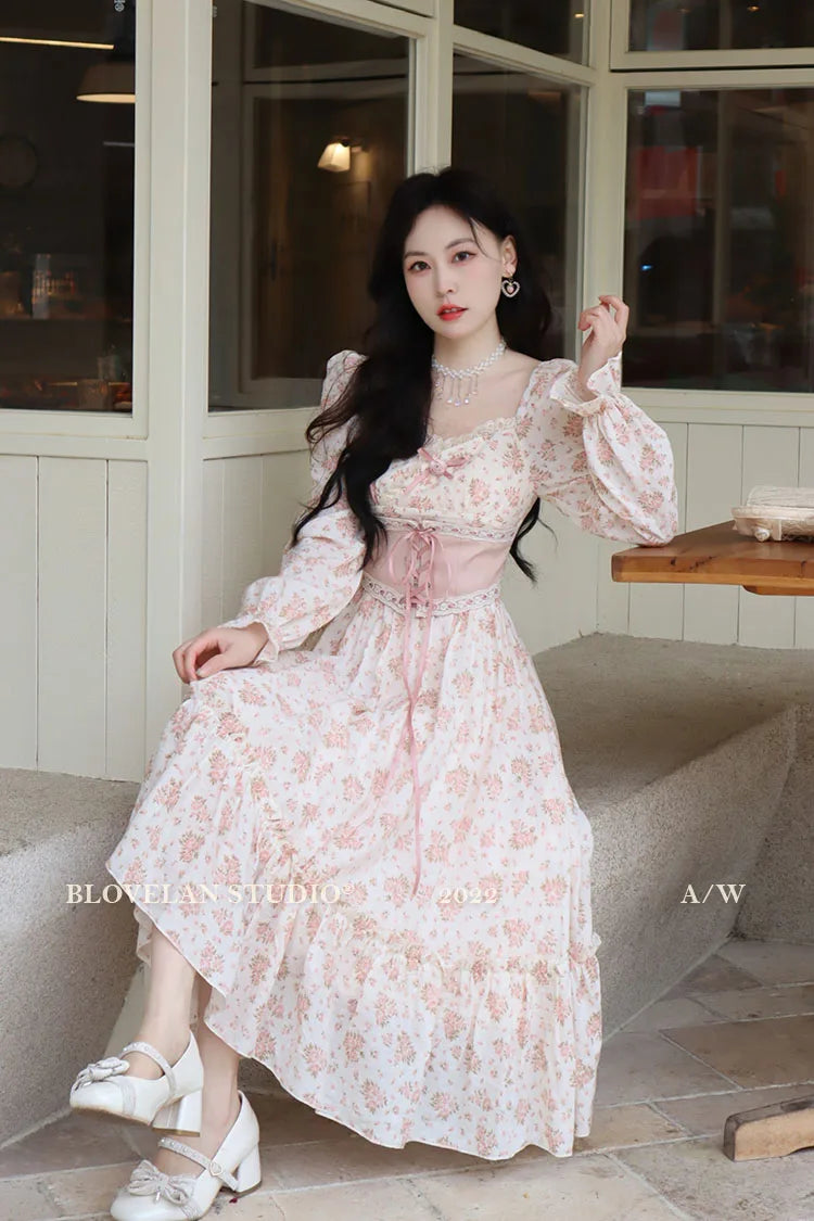 Spring Pink Floral Dress Bandage Lace Print Dress Puff Sleeve Kawaii Dress Princess Fairy