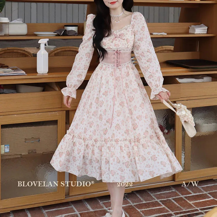Spring Pink Floral Dress Bandage Lace Print Dress Puff Sleeve Kawaii Dress Princess Fairy