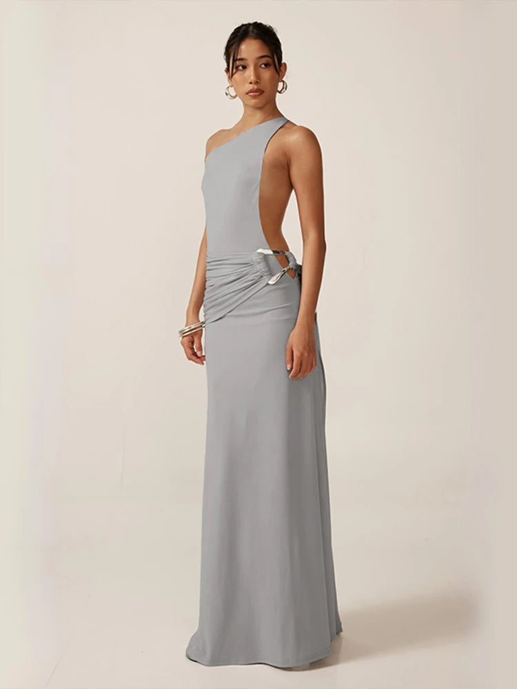 Concise Incline Shoulder Ribbons Backless Sheath Maxi