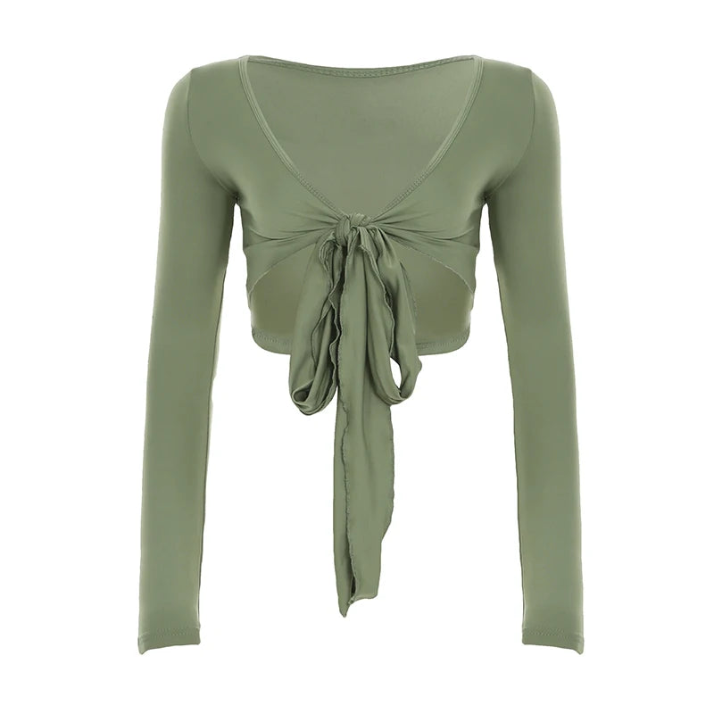 Slim Lace Up Leisure Shirts Long Sleeves V-neck s Top
