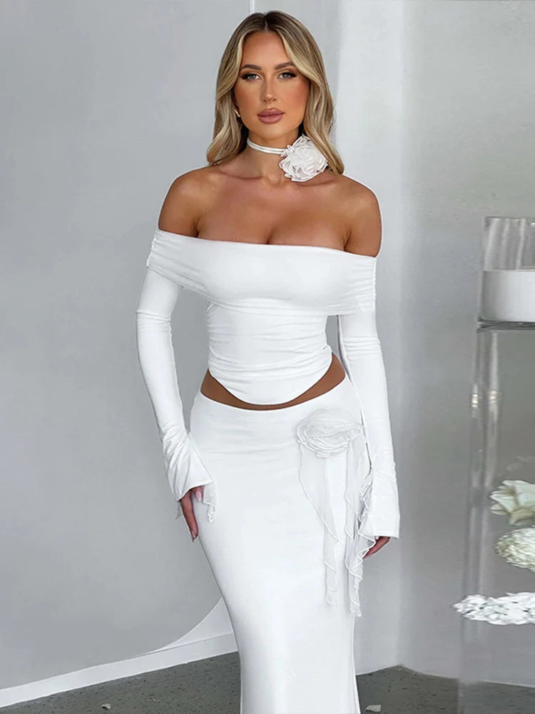 3D Flower Off Shoulder Crop Top Maxi Skirt Set