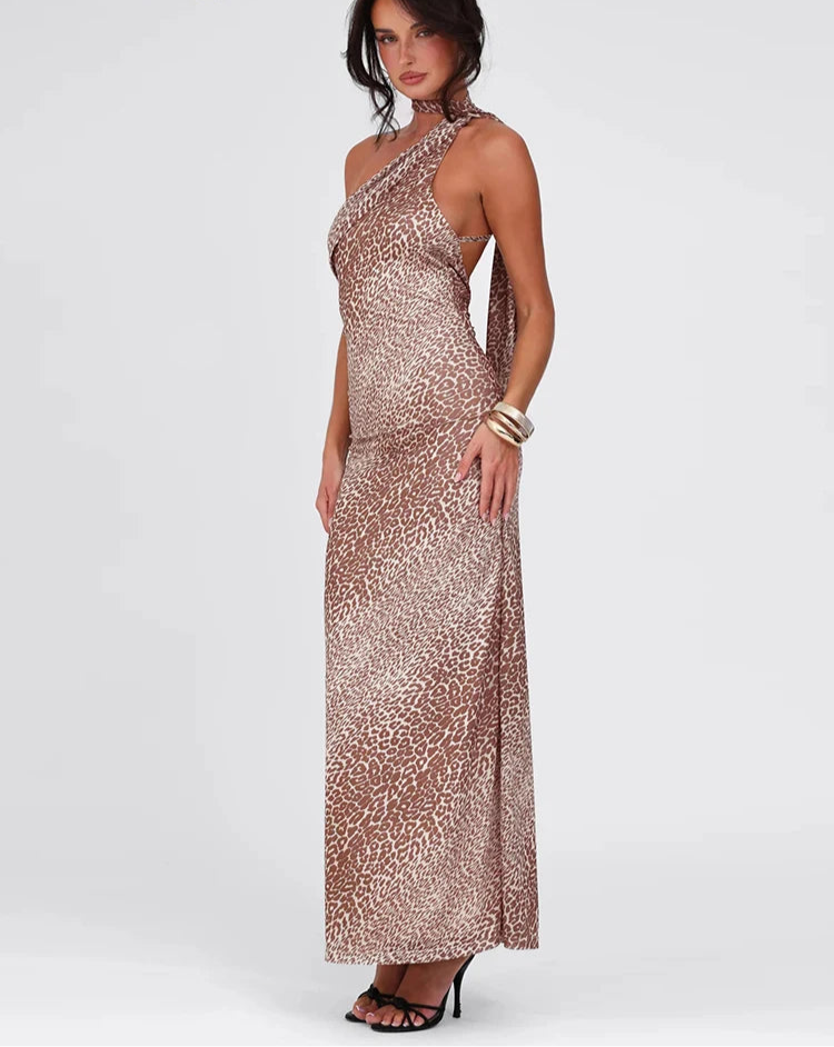 Leopard Irregular Halter Lace-Up Backless Long Bodycon Dress