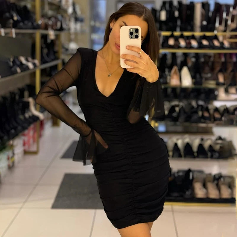 Spring And Solid Color V-Neck Mesh Patchwork Pleated Ruffles Hip Flared Sleeve Mini Short Dress