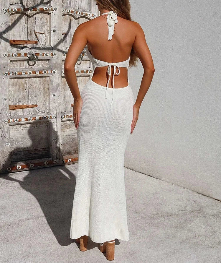 Crochet Sheer Dress Halter V Neck Backless Sheath Dating Bodycon
