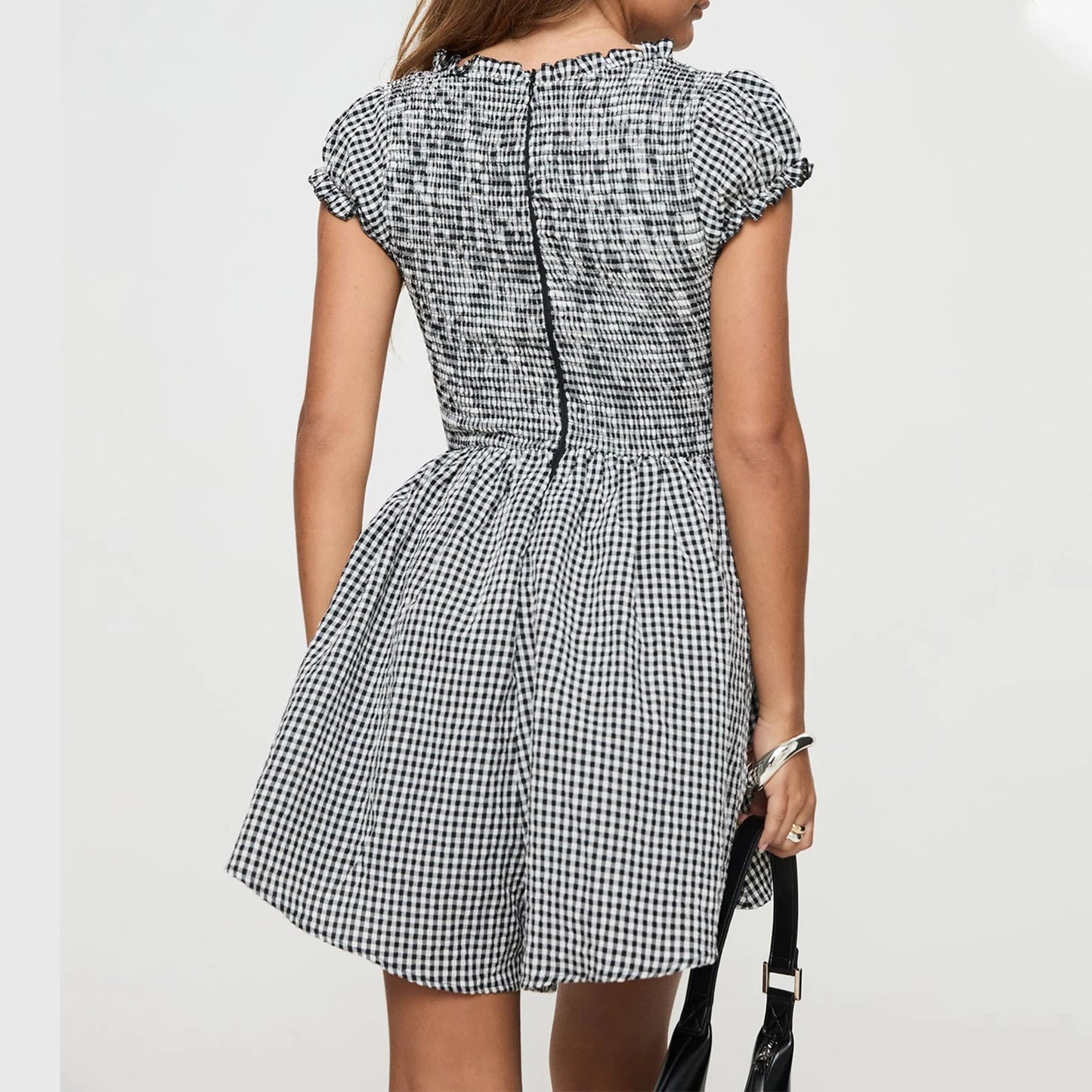 Y2k Gingham Playsuit Short Sleeve Smocked Babydoll Bodysuit Rompers Flowy A-Line Dress Retro
