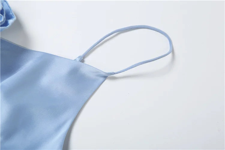 Applique Silky Dress Low-Neck Backless Sleeveless Ruched Robe