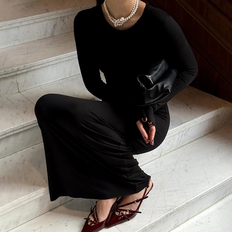 Round Neck Long-Sleev Package Hip Long Dress Wait Bottoming Long Skirt