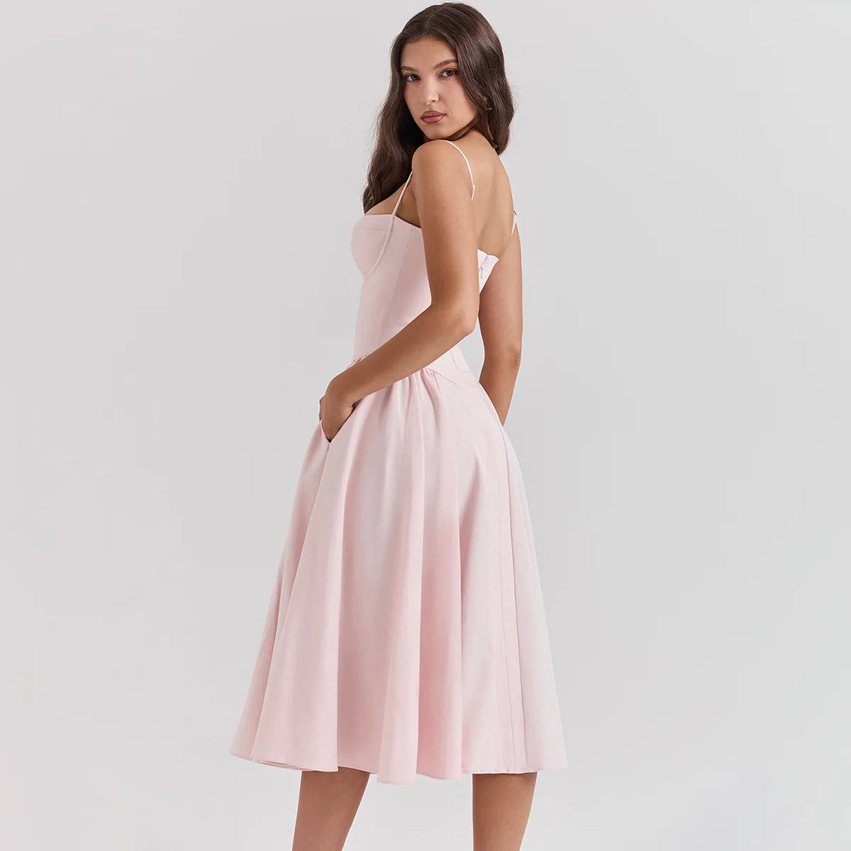 Dress for Pink Spaghetti Strap Midi Dress with Pocket Long Dress