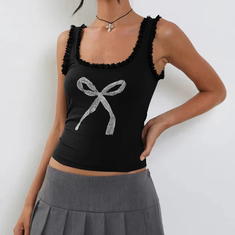 Bow Print sweet Camis Sleeveless Lacework Vests Square Collar Crop Top