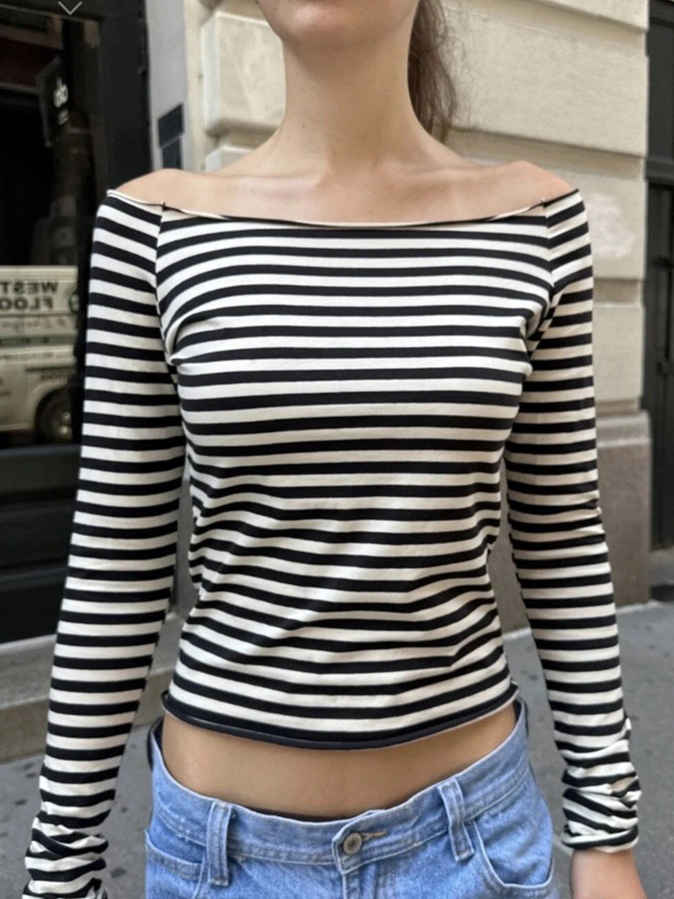 Slah Neck Strip Shirt Long Sleeve Crop Top Slim