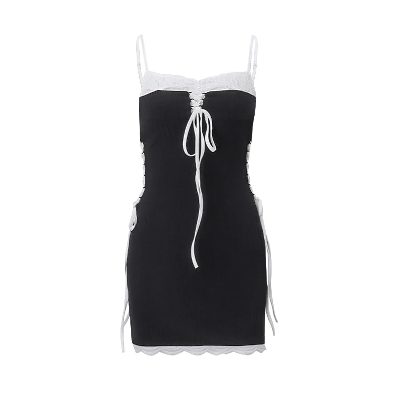 Cross Bandage Patchwork Mini Dress Spaghetti Straps Low-cut Dress