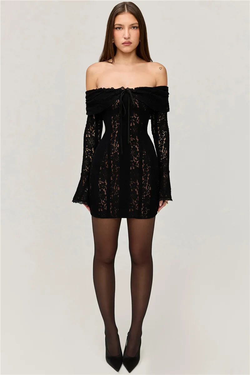 Lace Off-shoulder Maxi Dress Strapless Backless Long Sleeve Bodycon Evening Long Dress