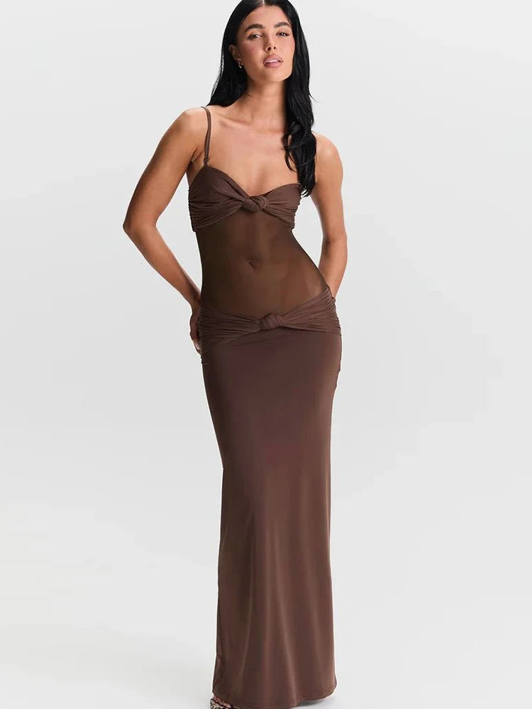 Knot Chest Wrap Dress Ruched Mesh Patchwork Sleeveless Stretch