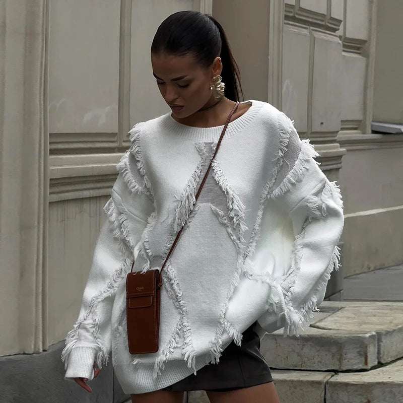 White Long Sleeve Knit Hollow Out Pullover Sweater