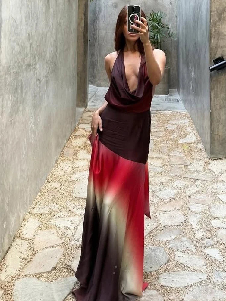 Contrat Patchwork Maxi Dress Halter Deep V-neck Backless Long