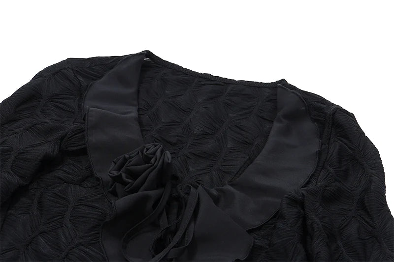 Mesh Ruched Long Sleeve T Shirt V-neck Flower Tight Crop Top Tees