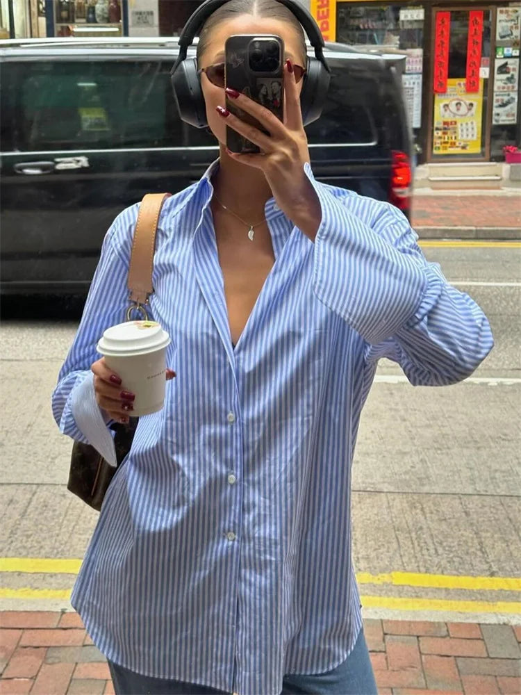 Loose Blouses Striped Print Turn-down Neck Shirts Button Up