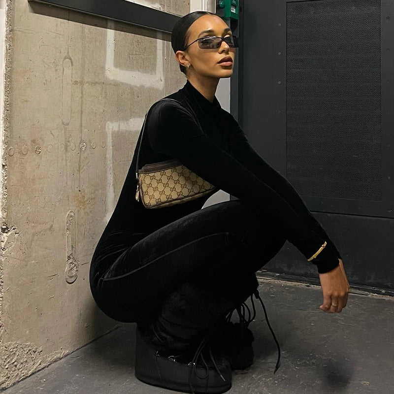 Velvet Long Sleeve O-Neck Bodycon Zipper Jumpsuit