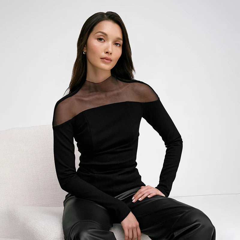 Meh Patchwork Slim Long Sleeve Bottom Top See-Through Shoulder Pullover Top