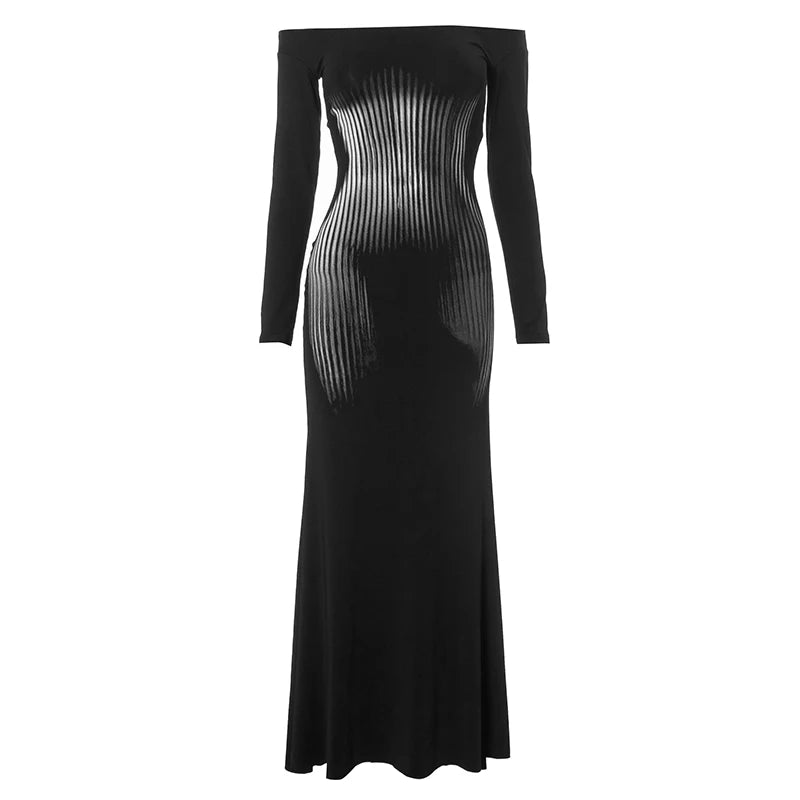 Square Collar Long Sleeve Dress High Waist Abstract Stripe Body Dress Wrap Mermaid Dres