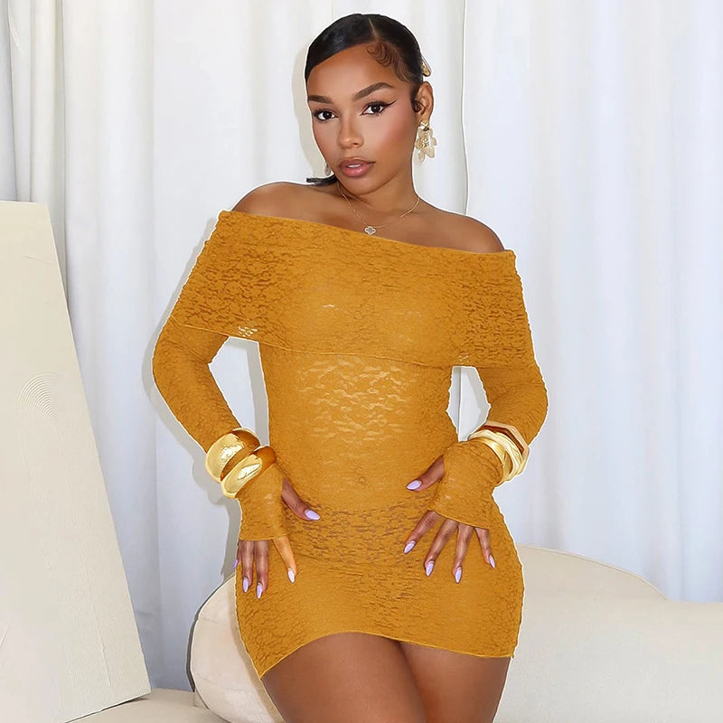 Off Shoulder Slah Neck Long Sleeve Meh Dress Hollow Out Wrap Dress