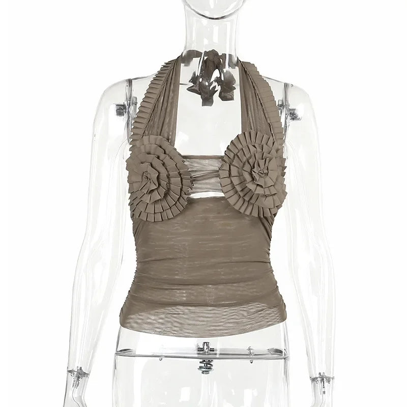 Folds Sunflower Tank Top Mesh Bodycon Sleeveless Crop Top Backless Vest