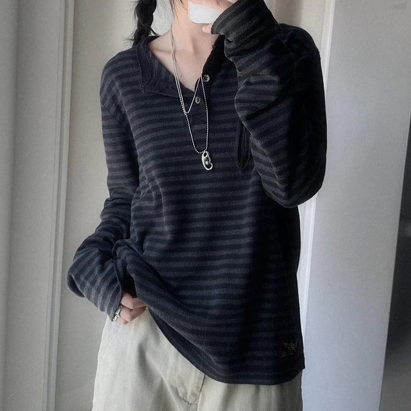 Striped Print Loose Tee Shirts Long Sleeves Botton Top