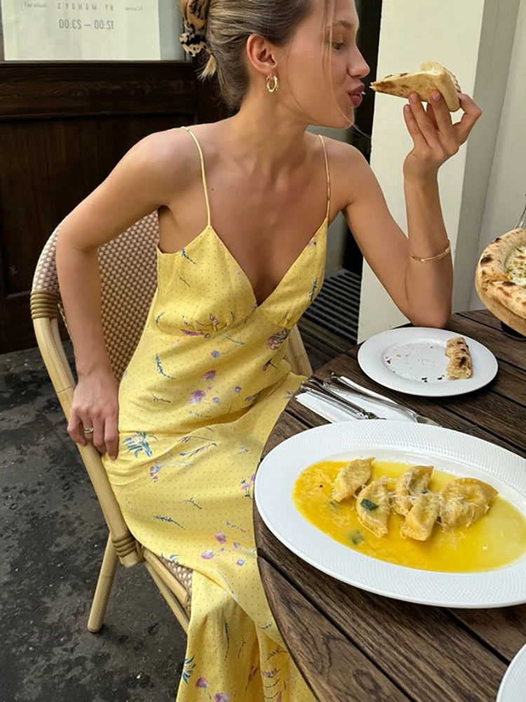 V-neck Floral Maxi Dress Yellow Spaghetti Strap Dress