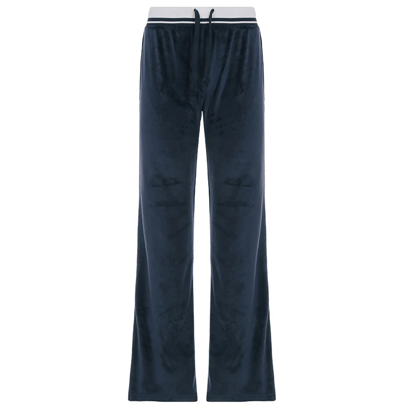 Patchwork Loose Velvet Pants Lace-up Wide Leg Trousers Baggy 's Bottoms