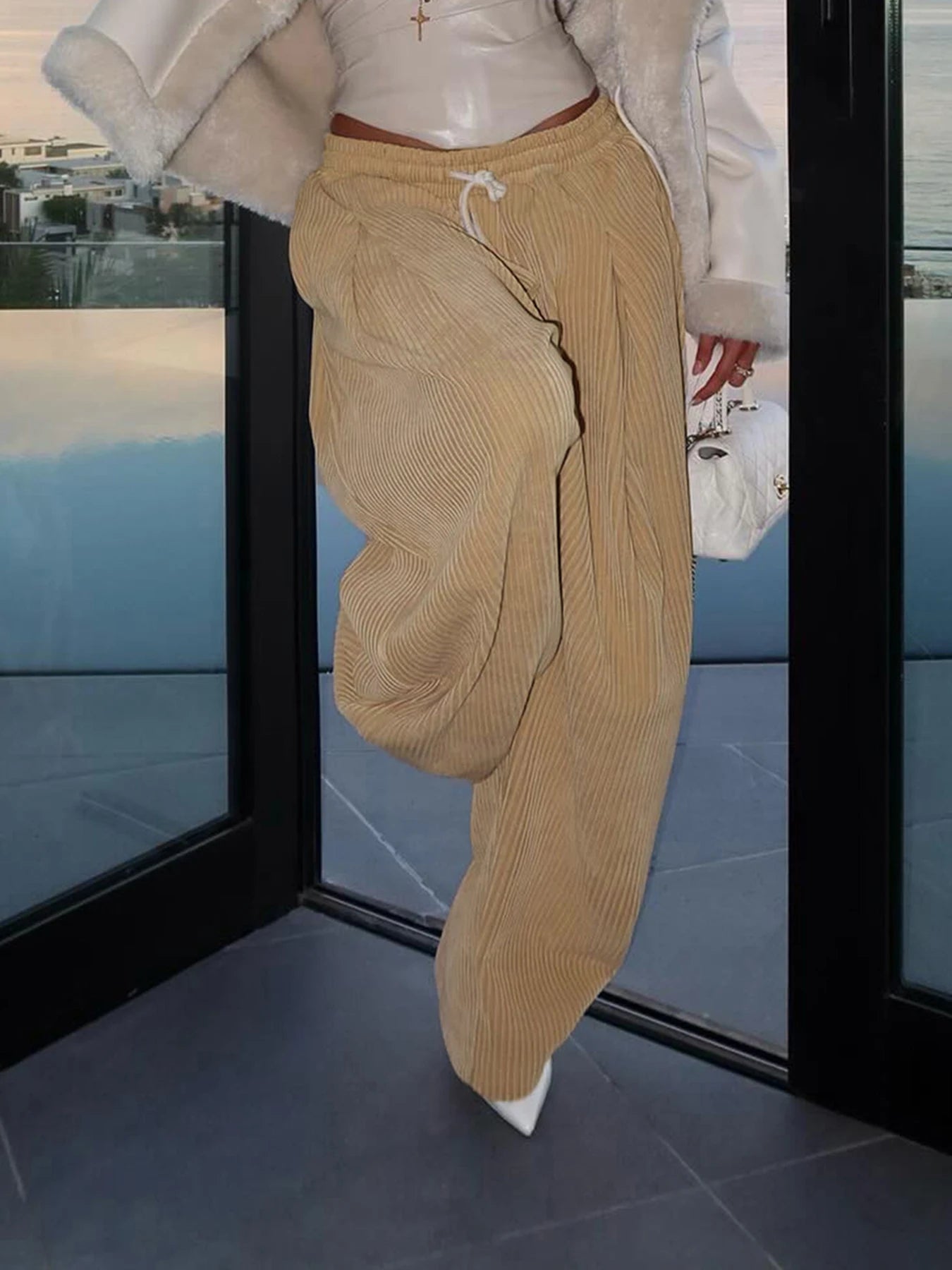 Baggy Corduroy Pants Drawstring Wide Leg Trousers Retro Bottoms