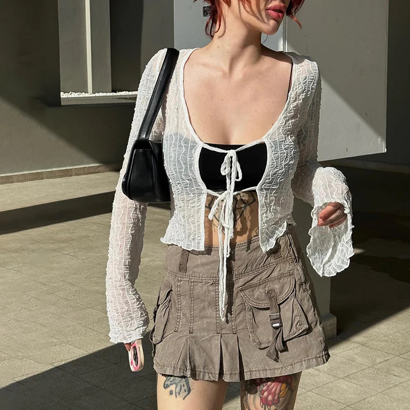 V-Neck Long Sleeve Lace-Up Slit Crop Top Wood Ear Hem Super Thin T-Shirt Caaul Cardigan