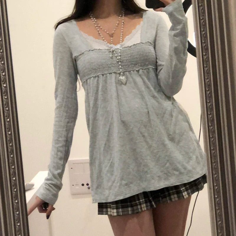 Lace Patchwork Square Collar T-Shirts Long Sleeved Top
