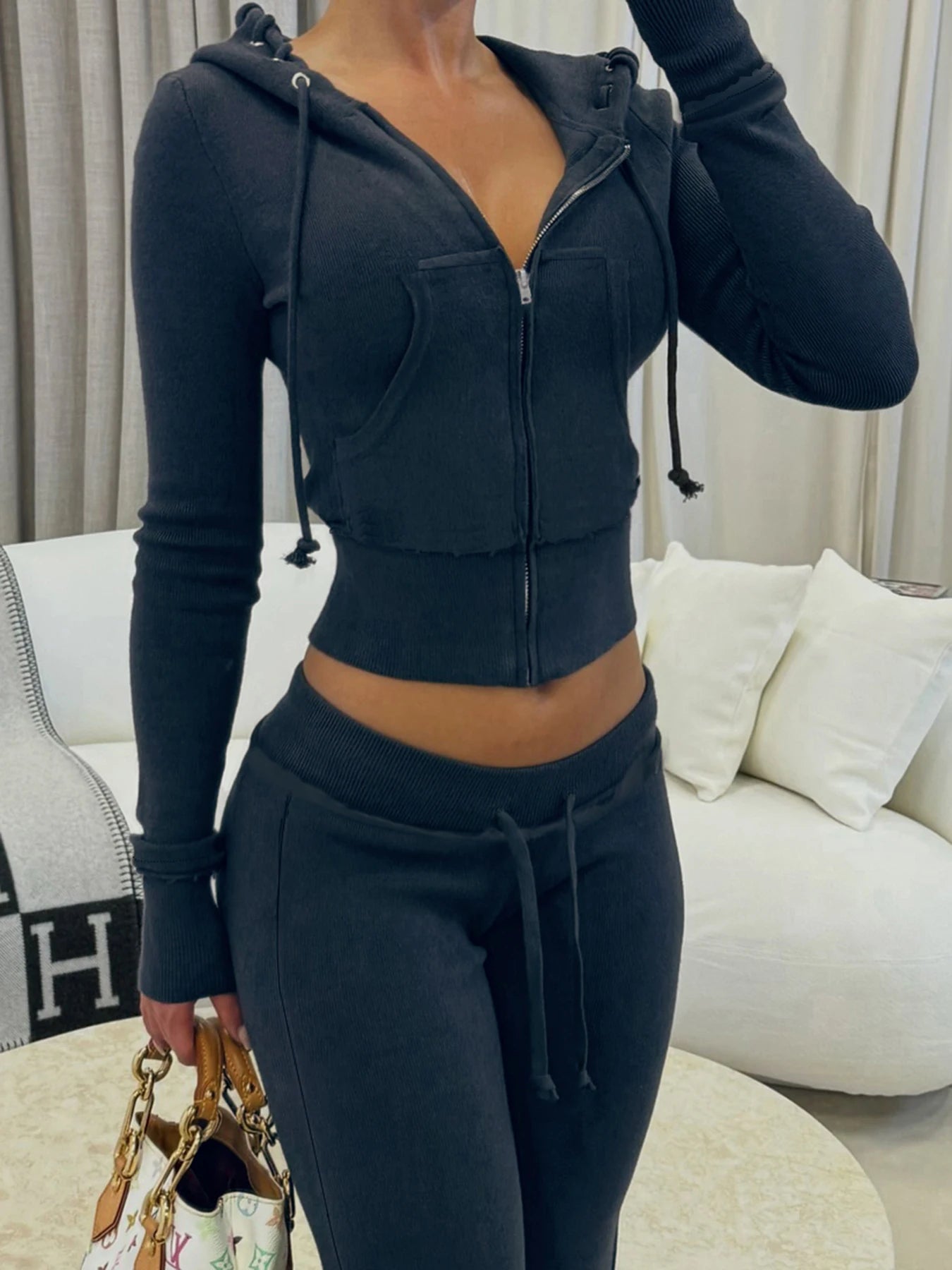 Zip Up Hoodies Coats Front-pockets Sweatshirts Office Lady Long Seelves Jackets