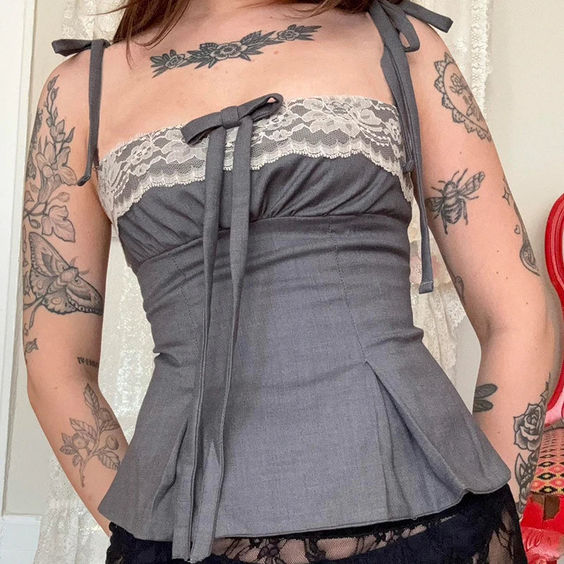 Contrast Lace Patchwork Camisole Y2K Bow Decorate Tie-up Straps Crop Tops A-line Pleated Corset Cute Vest Lolita