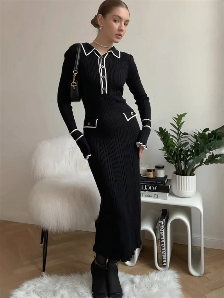 Ruffled Knit Dress Ribbed Contrast Long Sleeve High Waist Lapel Gown Dress Knit Ladies Maxi Dress