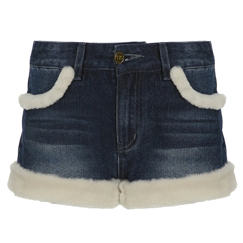 Fur Patchwork Denim Shorts Low Waisted Bottoms Cotton Pants