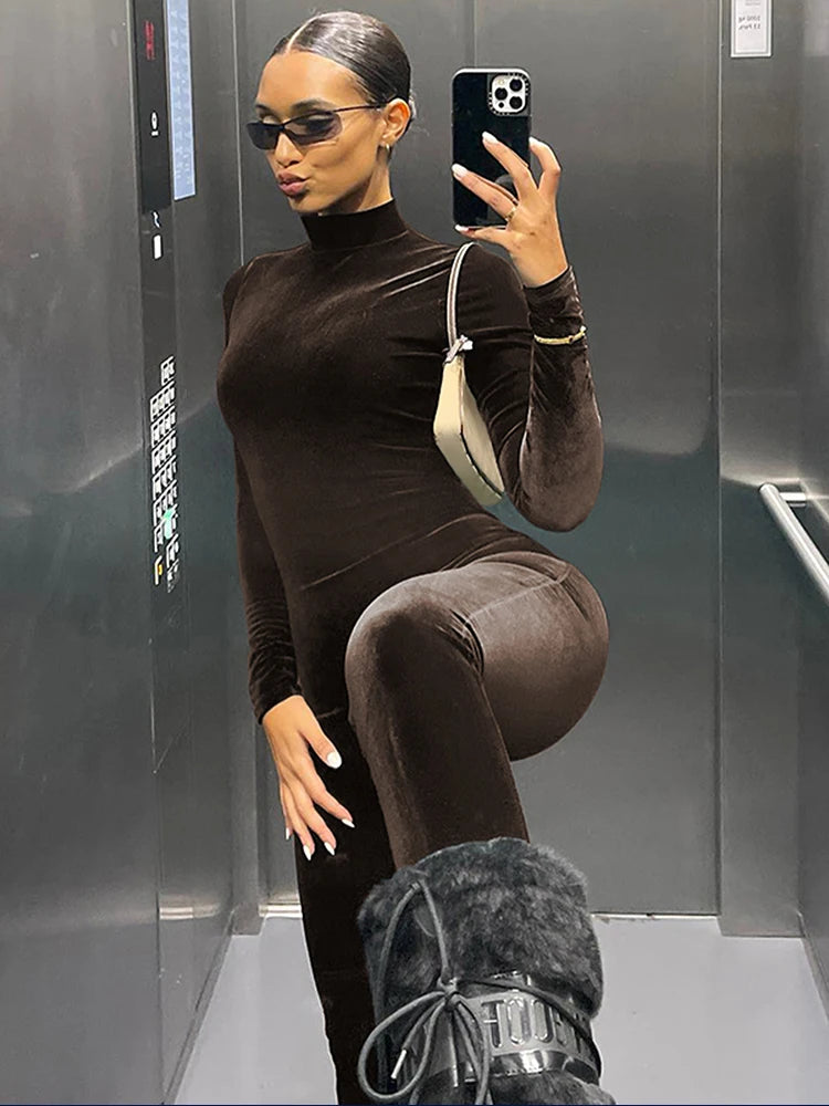 Velvet Long Sleeve O-Neck Bodycon Zipper Jumpsuit