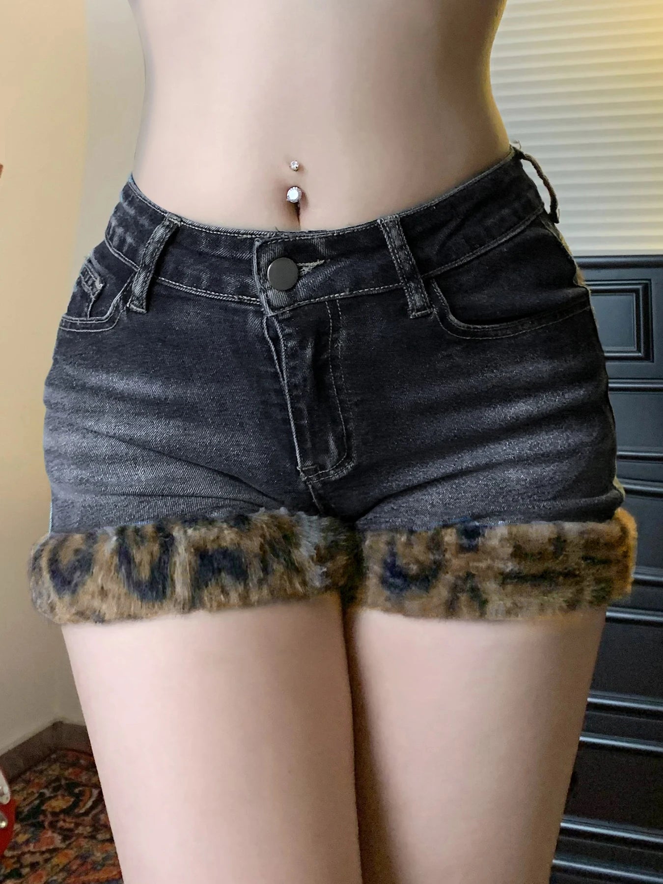 Low Waisted Button Up Mini Shorts Leopard Print Fur Patchwork Bottoms