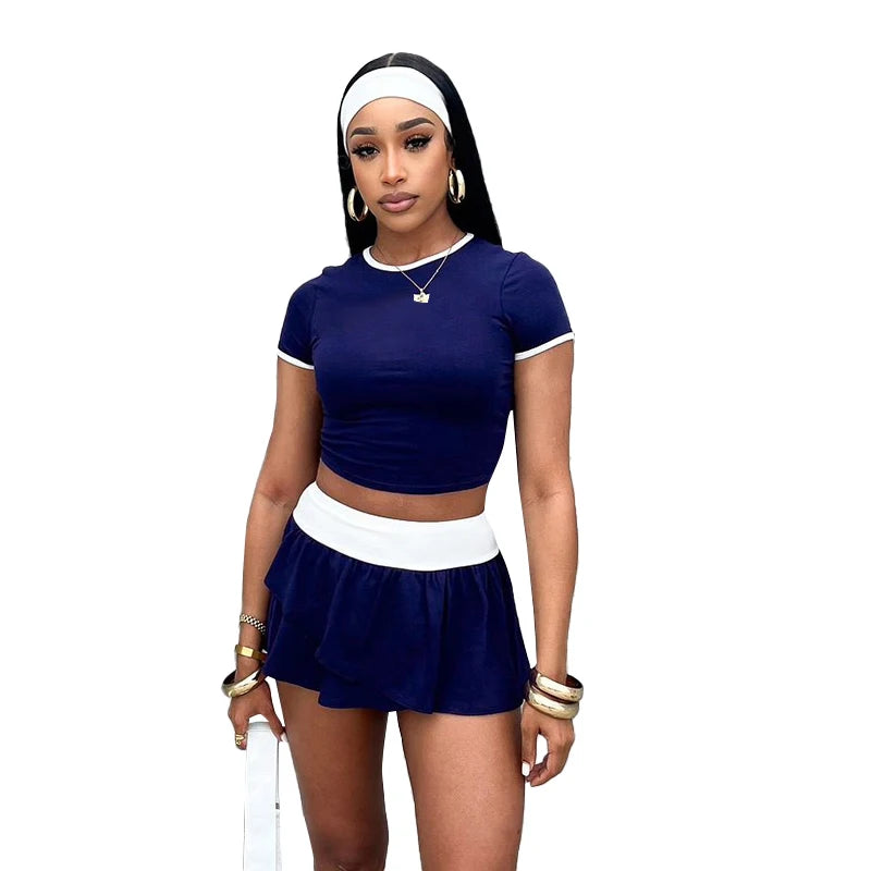 Round Neck Sport Top Two Piece Set Short Slim T-Shirt Pleat Mini Skirt Patchw