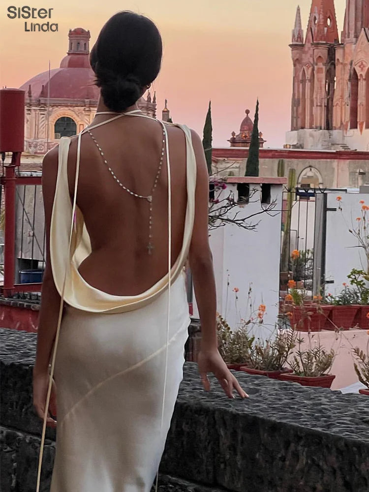 Backless Maxi Dress Sleeveless V-Neck Lace Up Bodycon Lady Vestido