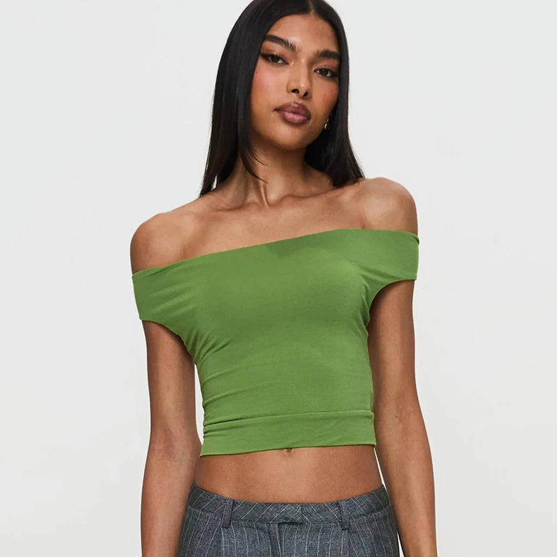 Slanting Cro One Straple Multi Backless Short Neckle Top Tee Deign Top Leiure