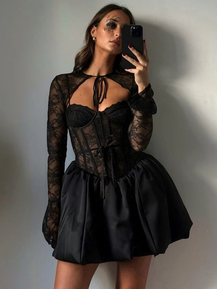 Black Lace Puffball Mini Dress Lace-up Sheer Long Flare Sleeve High Waist Dress