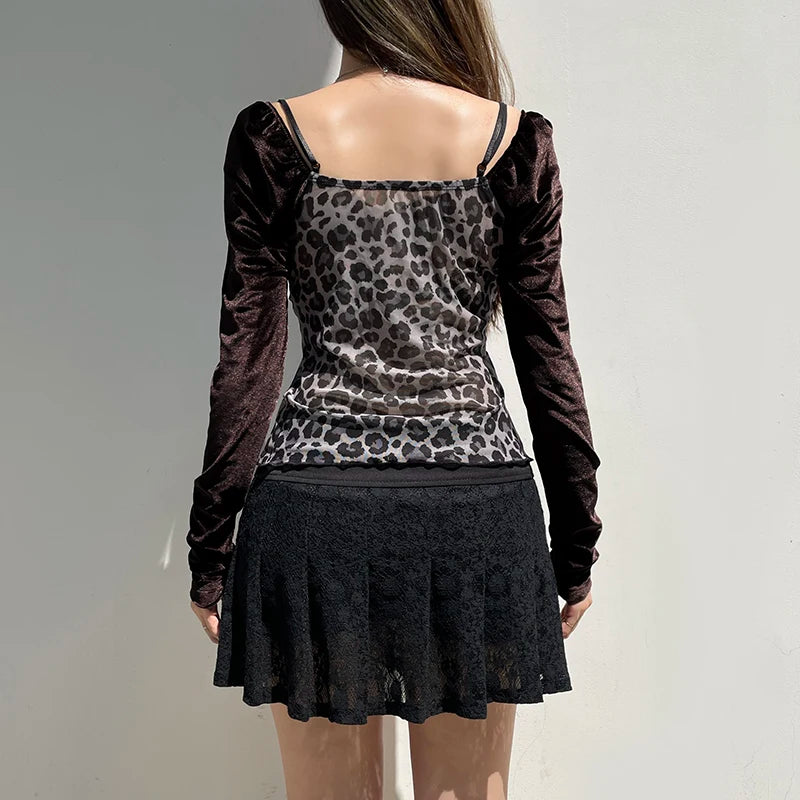 Lace Patchwork Leopard print T-shirts Lace-up Long Sleeves Strap Retro Top