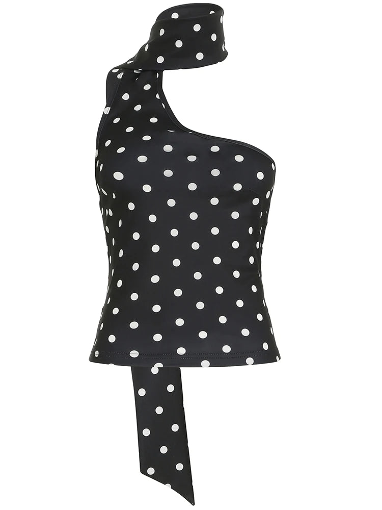 One shourlder Polka Dot Top Slim Backless Top