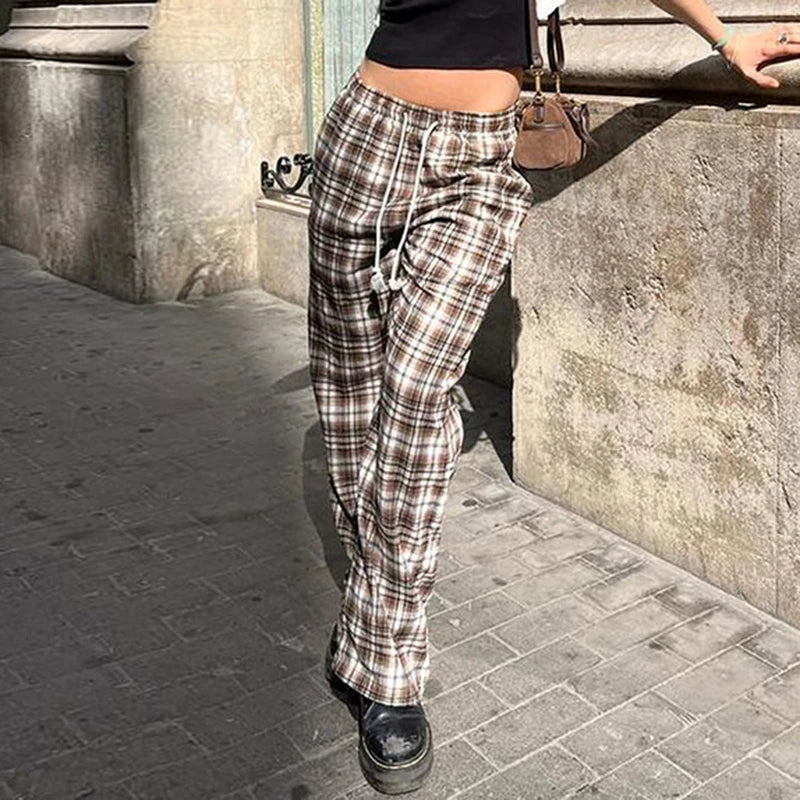 Drawstring Plaid Pants Elastic Waisted Sweatpants Straight Pants