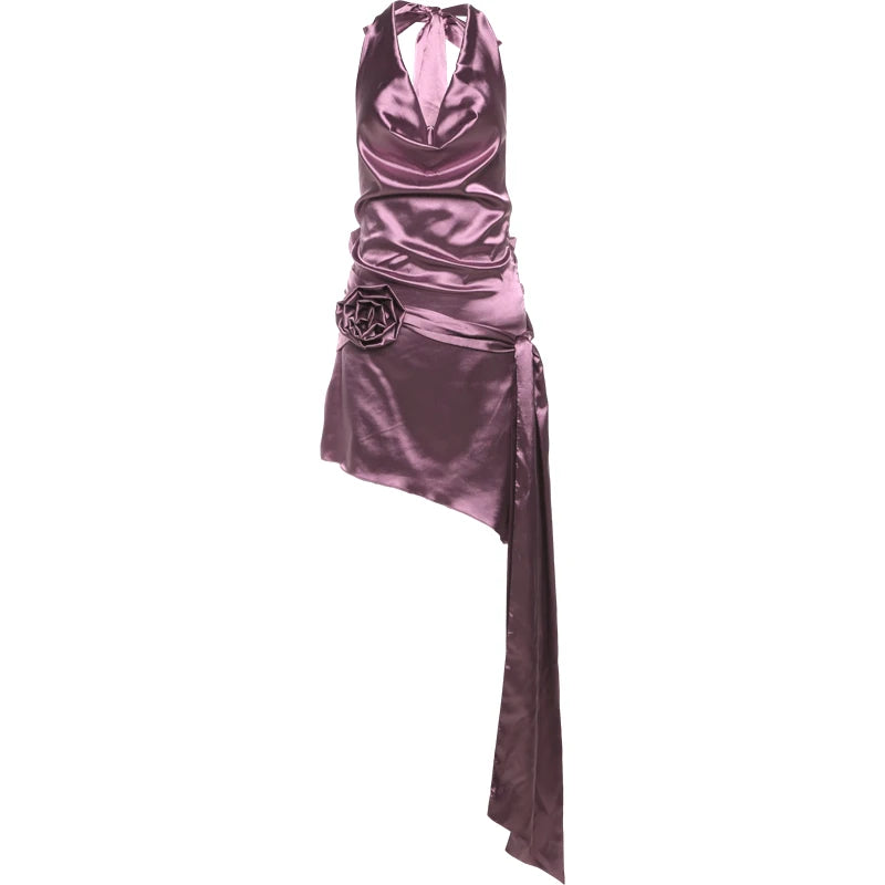 Swing-Collar Ruffles Backless Ribbon Flower Dress