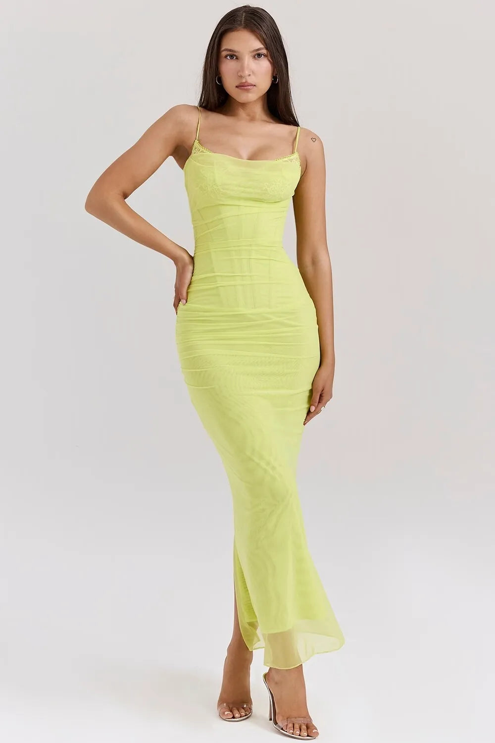 Spaghetti Strap Mesh Patchwork Double Layered Dress Bodycon Zipper Dress