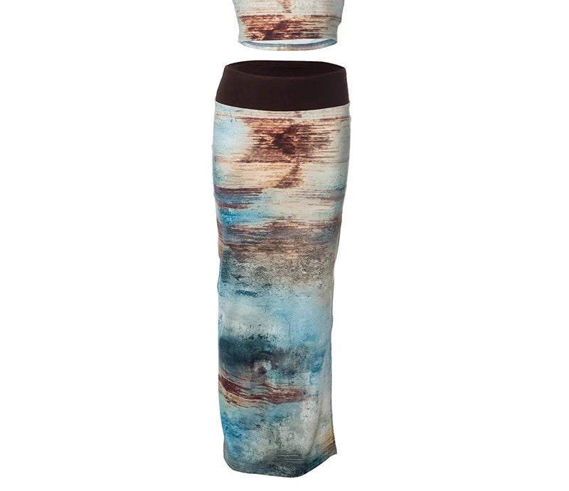 One Shoulder Halo Strapless Top Elastic High Waist Long Wrap Skirt Set Sets
